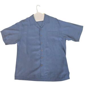 Tommy Bahama Mens Silk Collared Short Sleeve Button Up Camp Shirt Blue Large